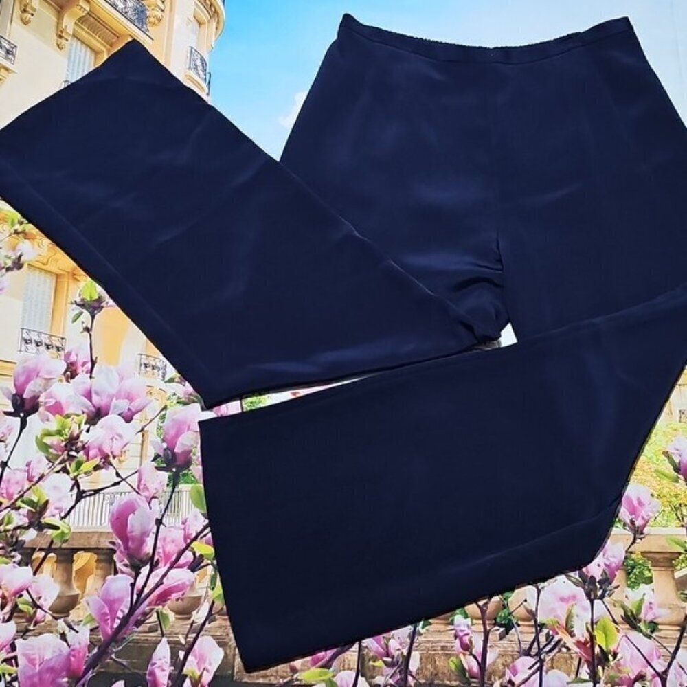 Emmelle Elegant Silk Navy Blue Wide Leg High Waist Trousers Pants Size Large